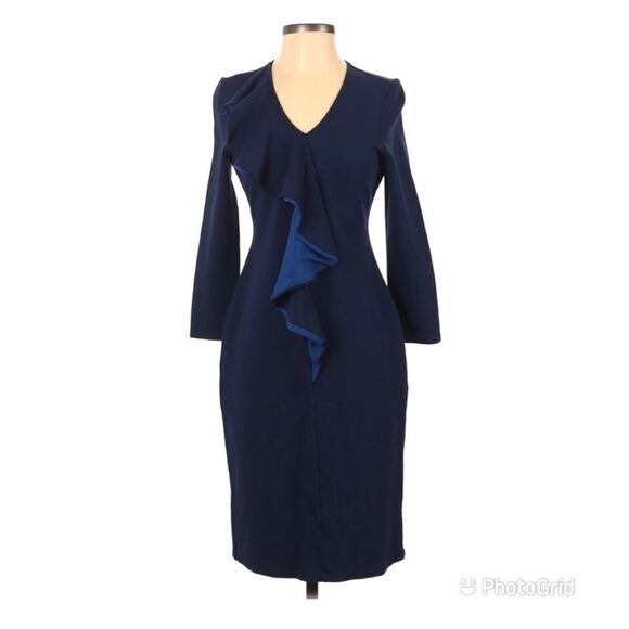 New SABIE Long Sleeve Navy Blue Knit Midi Dress Sheath Office Career Medium - Picture 10 of 10